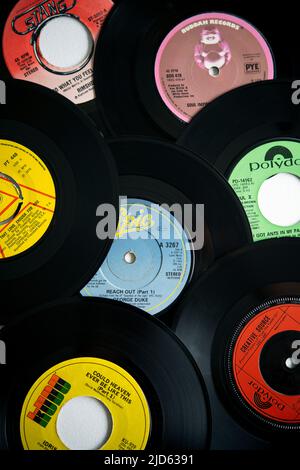A collection of funk and soul music vinyl records (singles) from the 1970s Stock Photo