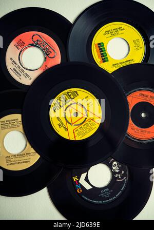 A collection of funk and soul music vinyl records (singles) from the 1970s Stock Photo