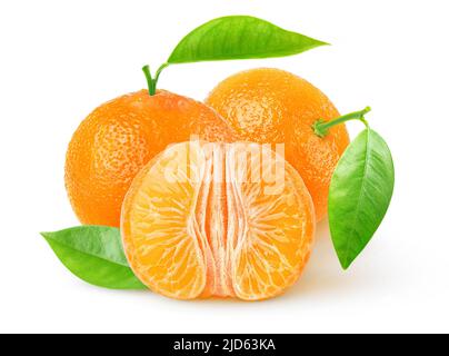 Two whole tangerine fruits and peeled half isolated on white background Stock Photo