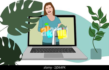 Remote Work or Study at Home and Household Chores.Mother Working at Laptop While the Baby Sleeping in Baby Stroller. Cooking,Washing,Cleaning.Remote Stock Vector