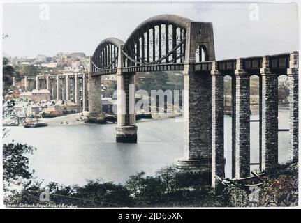 Royal Albert Bridge (Brunel Bridge) Saltash, Cornwall Colourised version of : 10003800       Date: 1890 Stock Photo