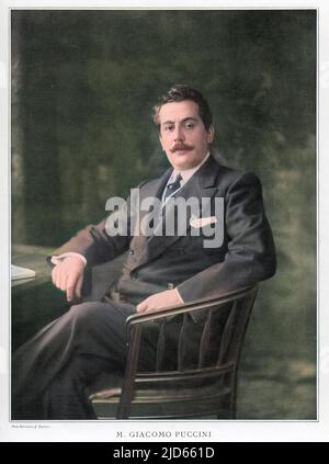 Giacomo Puccini (1858 - 1924), Italian opera composer, at the time of Madama Butterfly Colourised version of : 10004230       Date: 1907 Stock Photo