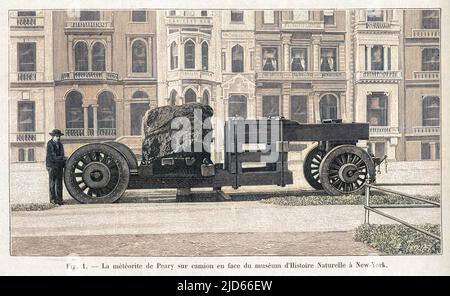 Transportation of a large iron meteorite found at Cape York, Greenland, by the American explorer Robert Edwin Peary, and taken for display purposes to the Museum of Natural History, New York.   (2 of 2) Colourised version of : 10006796       Date: 1894 Stock Photo