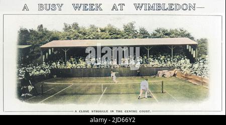 Men's singles match on Centre Court at Wimbledon. Colourised version of : 10011847       Date: 1909 Stock Photo