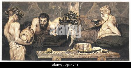 Two reclining men eat and drink their fill at a banquet. Colourised version of : 10013372       Date: ancient Stock Photo