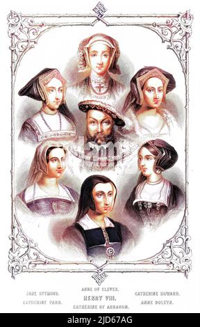 KING HENRY VIII (1491 - 1547) Portrait of the King of England with all his wives  SEYMOUR/CLEVES/HOWARD/PARR/ARAGON/BOLEYN Colourised version of : 10016078 Stock Photo