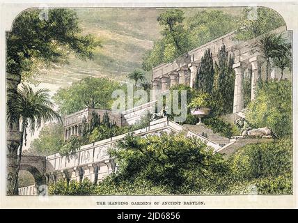 Allegedly built by Nebushadnezzar II for his wife Amyitis, who missed her homeland, Iraq. They were grown on terraces & used water from the Euphrates River. Colourised version of : 10060239 Stock Photo