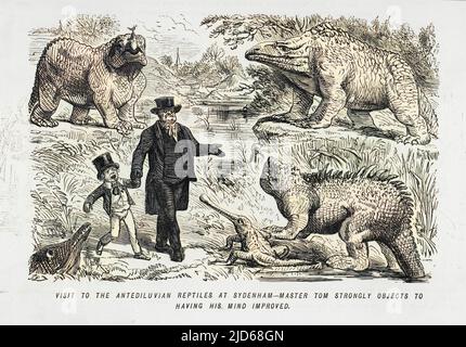 Cartoon, visit to see the dinosaurs at Sydenham, SE London. The figures of prehistoric animals in the grounds of the Crystal Palace, created by Waterhouse Hawkins, are sufficiently realistic to frighten children. Colourised version of : 10115882       Date: 1855 Stock Photo