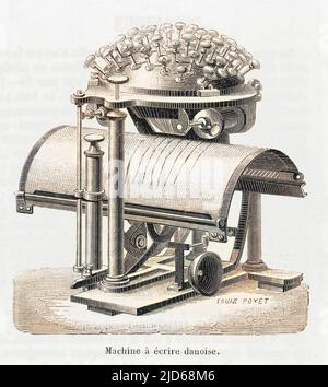 The remarkable typewriter invented by Rasmus Hans Malling Johan Hansen (1835 - 1890) in 1865, using a completely novel 'writing ball' system. Colourised version of : 10129815       Date: 1880 Stock Photo