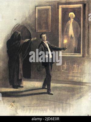 Man being followed by a hooded ghost.     'The figure with outstretched hands pointed at me and said: 'Granby Manners, you will die in this room!' ' Colourised version of : 10542885       Date: 1890s
