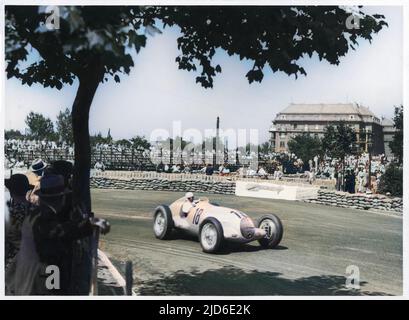 Rudolf Caracciola for Mercedes at the Hungarian Grand Prix in Budapest. He took the first championship title in 1935 and again in 1937 and 1938. Colourised version of : 10081953       Date: 19-Jun-36 Stock Photo