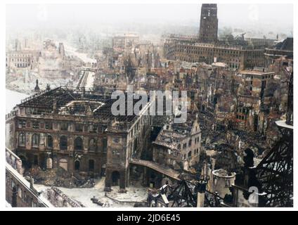 Dresden, devastated after the Allied bombing campaign had created a firestorm which burned for 7 days. Colourised version of : 10078363       Date: 13-15 February 1945 Stock Photo
