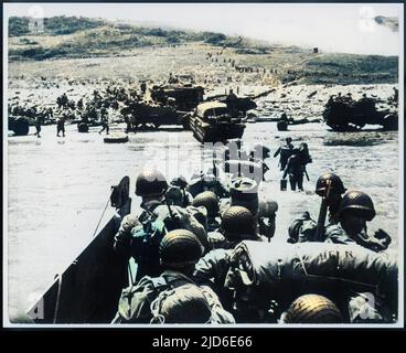 American troops landing on Omaha beach, Normandy, France, as part of the Allied D-Day landings. Colourised version of : 10081616       Date: 06-Jun-44 Stock Photo