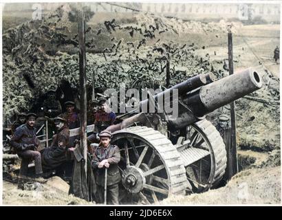 A British gun emplacement on the Western Front: a Howitzer camouflaged under netting Colourised version of : 10085074       Date: 1918 Stock Photo