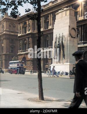The Cenotaph on London's Whitehall, designed by Edwin Lutyens in 1920, has an inscription reading simply 'The Glorious Dead'. Colourised version of : 10167477       Date: 1930s Stock Photo