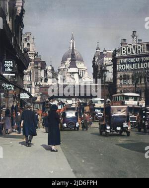 View from Fleet Street looking towards Ludgate Circus, Ludgate Hill and St. Paul's Cathedral, London. Colourised version of : 10167494       Date: early 1930s Stock Photo