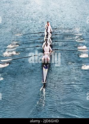 The Cambridge boat crew on their first outing on the River Thames at Henley, Surrey, England. They won the Oxford vs Cambridge boat race that year (1930)! Colourised version of : 10182831       Date: 1930 Stock Photo