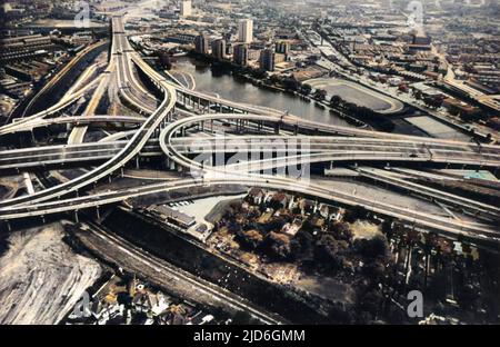 SPAGHETTI JUNCTION Aerial view of the famous tangle of roads known collectively as 'Spaghetti Junction', Birmingham, England. Colourised version of : 10186244       Date: 1970s Stock Photo