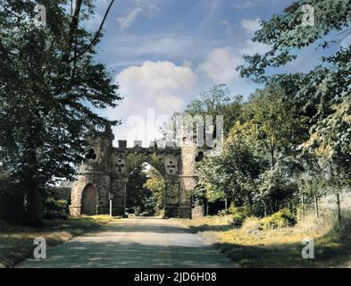 The Barbican Gate entrance to Tollymore Forest Park, near Newcastle, County Down, Northern Ireland. It was built by Lord James Limerick as the eastern entrance to the park. Colourised version of : 10187706       Date: 1780s Stock Photo