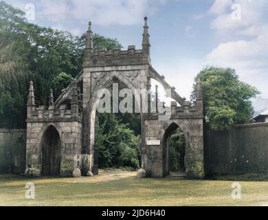 The Main Entrance Gates to Tollymore Forest Park, near Newcastle, County Down, Northern Ireland. It was built for Lord James Limerick. Colourised version of : 10187712       Date: 1780s Stock Photo