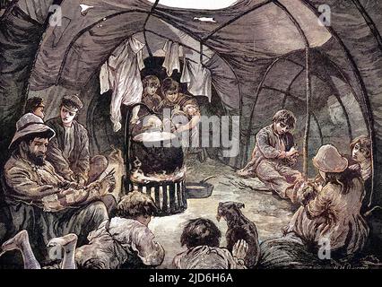 Sketches of Gypsy life: inside a tent on Mitcham Common. Colourised version of: 10216566       Date: 1879 Stock Photo