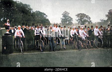 The Cyclists participating in the 24 hour Bicycle race at Herne Hill velodrome, on the 22nd July 1892, shortly before the start. The race was won by F.W. Shorland (centre background in image) who rode a 'geared ordinary' (or 'penny farthing') to achieve a distance of 413 miles. J.M. James (on the right of the image, no. 3) came second with a distance of 407 miles. Colourised version of: 10218871       Date: 1892 Stock Photo