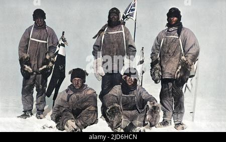 Photograph showing Captain Scott and his sledge team at the South Pole, 18th January 1912. Left to right, standing: Lt. Oates, Captain Scott, Petty Officer Evans. Seated, left to right: Lt. Bowers and Dr. Wilson.  This photograph was taken by Lt. Bowers, using a remote shutter release, the string of which can be seen in his right hand.  Captain Scott's party reached the Pole to find that Amundsen had beaten them to it; hence the somewhat dejected expressions. Colourised version of: 10217843       Date: 1913 Stock Photo