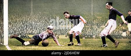 Photograph showing Dixon, the Stoke goalkeeper, attempting to save a shot from one of the Arsenal forwards, during the F.A. Cup Sixth Round match held at Highbury Stadium, 1928. Unfortunately for Dixon, Arsenal emerged victorious from this match. Colourised version of: 10219001       Date: 1928 Stock Photo