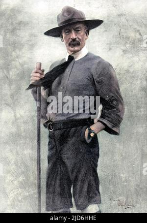 Robert Baden-Powell, 1st Baron Baden-Powell (1857 - 1941), English soldier and founder of the Boy Scouts, pictured in his Chief Scout uniform. Colourised version of: 10220281       Date: 1911 Stock Photo