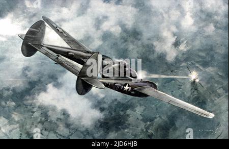 US Air Force Lockheed P-38 'Lightning' shooting down a German aeroplane during the Second World War. The 'Lightning' was a highly successful twin-engined escort fighter, with a top speed of 360mph and a range of at least 1000 miles.   This illustration was painted by C.E. Turner, the Illustrated London News' special artist, from sketches made at an American airfield in Britain, 1944. Colourised version of: 10219810       Date: 1944 Stock Photo