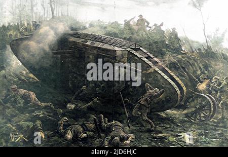 British tank, probably a Mark V 'Male', leading an attack on German positions, somewhere on the Western Front. The tank is advancing towards the German position on the left of the image, with British infantry (extreme right) following. Colourised version of: 10220132       Date: 1916 Stock Photo