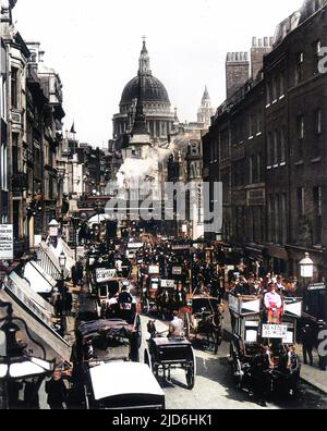 Photograph showing the view east along Fleet Street, towards Ludgate and St. Paul's Cathedral, c.1894.   A large number of horse-drawn carriages can be seen rushing along the street as a steam train heads south towards Blackfriars. Colourised version of: 10221256       Date: c.1894 Stock Photo