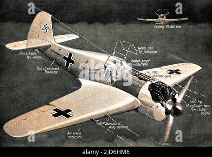 German Focke-Wulf 190 fighter airplane, with cutaways of the engine and machine-guns, August 1942. This image showed some of the features of the latest FW190 captured by British forces. Colourised version of: 10219980       Date: 1942 Stock Photo