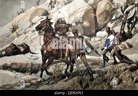 Colonel (later General) Sir Redvers Henry Buller (1839 - 1908), (centre, on horse) rescuing Captain D'Arcy during a skirmish with Zulu warriors on Inhlobane Mountain, 1879.  In recognition of three acts of bravery at Inhlobane, including this one, Sir Redvers Buller was awarded the Victoria Cross. Colourised version of: 10220289       Date: 1900 Stock Photo