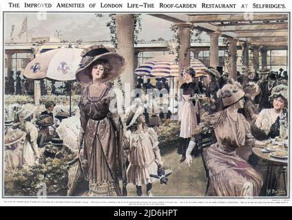 Diners at Selfridges department store's roof garden restaurant, London. Colourised version of: 10220990       Date: 1910 Stock Photo