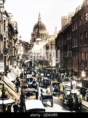 Photograph showing the view east along Fleet Street, towards Ludgate and St. Pauls Cathedral, London. Colourised version of: 10220584       Date: c.1894 Stock Photo