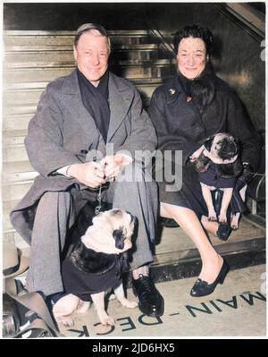 The Duke and Duchess of Windsor (formerly King Edward VIII and Mrs Wallis Simpson) shown with their beloved pug dogs. The dogs are wearing rather stylish coats. Colourised version of: 10224123       Date: c. 1955
