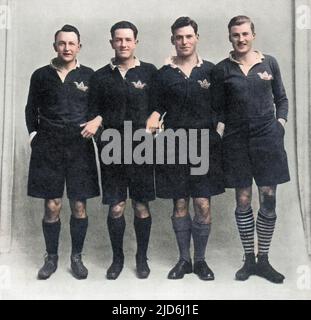The Oxford University 'Scoring Machine': The Scottish rugby union three-quarter line, made up entirely of players from Oxford University, which contributed towards a Scottish grand slam in the Five Nations tournament of 1925. From left to right, A.C.Wallace, G.G.Aitken, G.P.S.Macpherson and I.S.Smith. Macpherson was unable to play in the fixture against Ireland in Dublin, due to an injury, and his place was taken by J.C.Dykes Colourised version of: 10409929       Date: 1925 Stock Photo