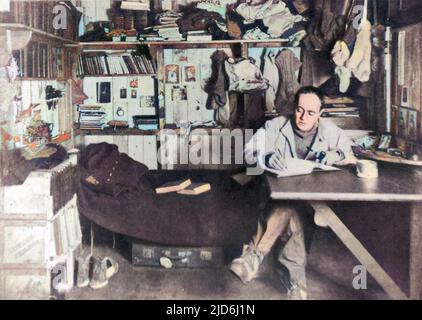 Captain Robert Falcon Scott (1868 - 1912), British polar explorer and leader of the ill-fated expedition to the South Pole in 1912, pictured in his work room on board the Terra Nova. Colourised version of: 10419298       Date: 1911 Stock Photo