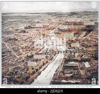 A bird's eye view of Dublin looking westward up the River Liffey, showing positions held by the Sinn Feiners during the Easter Rising in April 1916 Colourised version of: 10297609       Date: 1916 Stock Photo