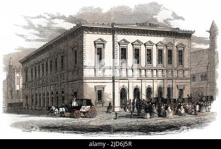 The exterior of the then-new Liverpool Philharmonic Concert Hall, at the time of the Liverpool Music Festival, 1849. The style is described by The Illustrated London News as 'Roman-Italian, plain, but bold in character.'The building was replaced in 1939 when its predecessor burnt down in 1933. Colourised version of: 10504349       Date: 1849 Stock Photo