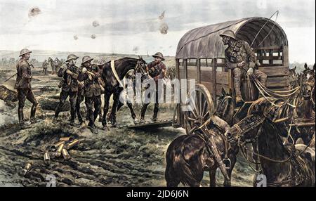 An ambulance for wounded horses on the battlefield : the Canadian Mounted Veterinary Corps at work with field artillery. Men of the Mounted Section of the Canadian Veterinary Corps are seen collecting wounded horses in the firing line of the field artillery. An animal wounded in one of its forelegs is being assisted to the ambulance wagon by four men supporting it with a blanket under its belly while another is leading it. The wounded horses receive first aid and are then taken to a Base Veterinary Hospital. If the wound is too severe, the animal is humanely put out of its misery. Colourised v Stock Photo