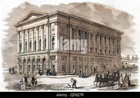 The exterior of St George's Hall Bradford, opened with a grand musicial festival in September 1853. Constructed from Yorkshire stone with Corinthian details, by architects Lockwood and Mawson of Bradford. See picture 10504351 for the interior. Colourised version of: 10504352       Date: 1853 Stock Photo