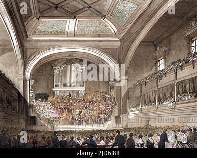 The interior of the then-new Liverpool Philharmonic Concert Hall, at the time of the Liverpool Music Festival, 1849. The building was eventually replaced in 1939 after its predecessor burnt down in 1933. Colourised version of: 10504350       Date: 1849 Stock Photo