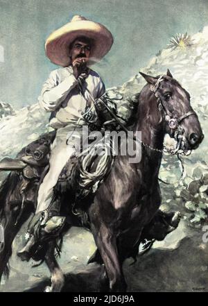 Mexican rebel and revolutionary hero, Emiliano Zapata (1879-1919), whose followers, known as Zapatistas, fought for the restoration of lands taken from the people by ex-President Diaz.  Their motto was 'Land and Liberty'. Colourised version of: 10528945       Date: 1913 Stock Photo