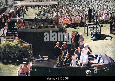 Queen Elizabeth II and Prince Philip leave Victoria Park racecourse, Adelaide, after a choir of 3000 children sang Australian songs.  Another 70,000 children attended the occasion. Colourised version of: 10513602       Date: 1963 Stock Photo