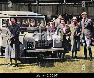 The Queen and other members of the Royal Family stand by a Land-Rover, with their host, the Duke of Beautfort, at the Badminton Three-day Horse Trials. Colourised version of: 10513265       Date: 1956 Stock Photo