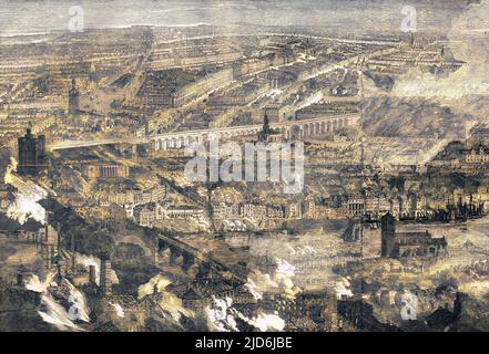 A view over Newcastle (on the far side of the River Tyne) and Gateshead (in the foreground) during the great fire which killed more than 50 people and destroyed many buildings. The fire started on 6 October in a worsted factory on the Gateshead side. Sulphur and other combustible materials in a nearby warehouse were ignited by the heat. The resulting huge explosion projected burning debris across Newcastle and thus the fire spread rapidly. Colourised version of: 10511456       Date: October 1854 Stock Photo