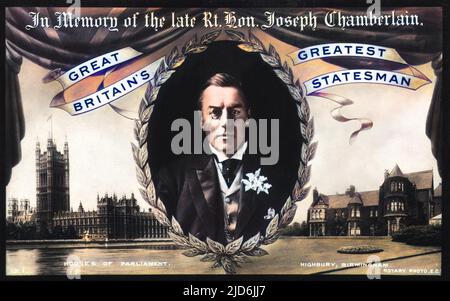 A memorial card to the late Rt. Hon. Joseph Chamberlain (1836-1914). This card was sent by Dame (Cicely) Veronica Wedgwood (1910?1997) - an English historian who generally published under the name C. V. Wedgwood. Colourised version of: 10651901       Date: 1914 Stock Photo