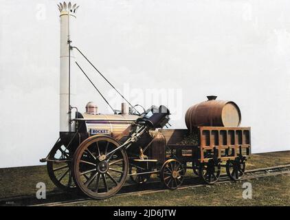 George Stephenson's Rocket - the pre-1923 replica. George Stephenson's Rocket Locomotive was built in 1829. Built for the Rainhill Trials held by the Liverpool & Manchester Railway. The earliest full-size replica of Rocket is the one seen on this photograph. Colourised version of: 10804102       Date: circa 1920 Stock Photo